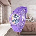 Montre électronique de Unicorne de violet cosmique<br><div class="desc">Une jolie licorne avec une crinière violette avec un arrière - plan cosmique arc-en-ciel. numériquement créé dans un style aquarelle. Un design parfait pour les enfants et les adultes sur de nombreux produits tendance! Customisez votre couleur ou votre texte arrière - plan !</div>