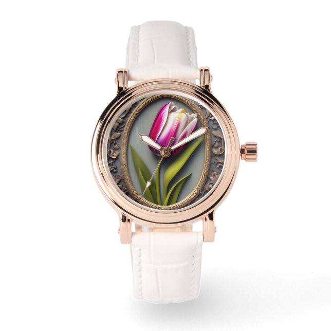 Montre Élégance Fluide : Tulipe Rose dans un Design Art N (Recto)