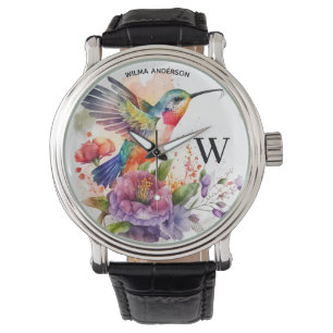 Montre Élégant Aquarelle Monogramme de colibri avec nom