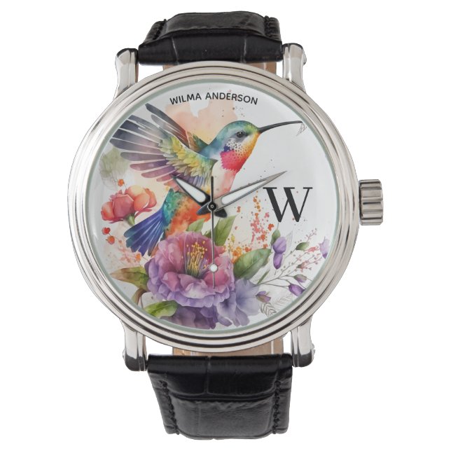 Montre Élégant Aquarelle Monogramme de colibri avec nom (devant)