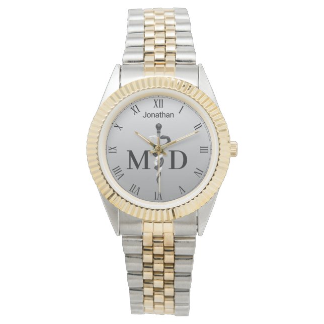 Montre Élégant Asclepie noir blanc Médicale Docteur MD (devant)