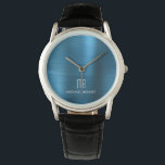 Montre Élégant bleu monogramme brossé métal<br><div class="desc">Elégant Monogramme Bleu Personnalisé Refroidi Metallic Watch.</div>