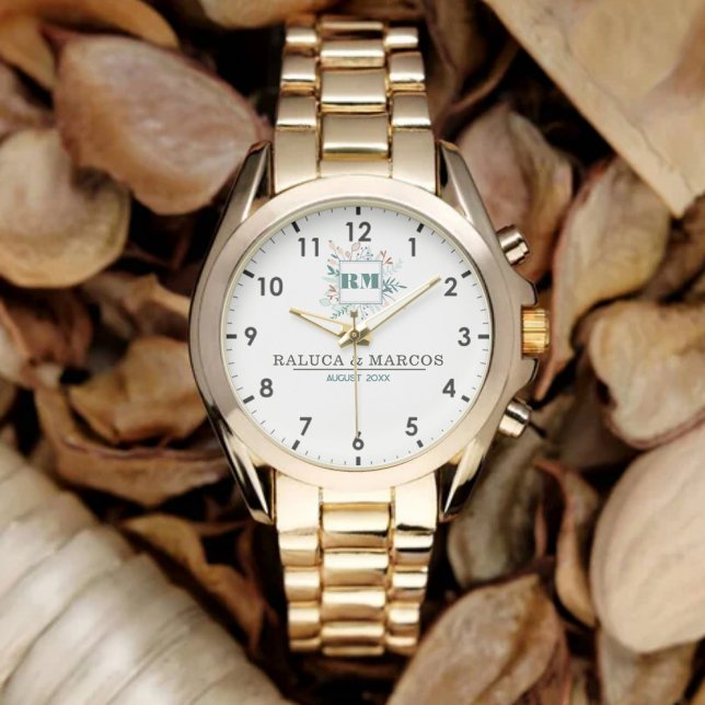 Montre Elegant Boho Floral Monogram Couple’s Name  (Créateur téléchargé)