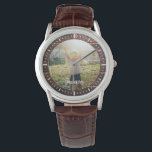 Montre Élégant bois rustique Nom personnalisé Photo<br><div class="desc">Un cadeau parfait pour garder un souvenir pour le meilleur papa de tous les temps ! Cette montre rustique moderne présente une photo préférée avec votre nom personnalisé sur un panneau en bois brun foncé en arrière-plan.</div>
