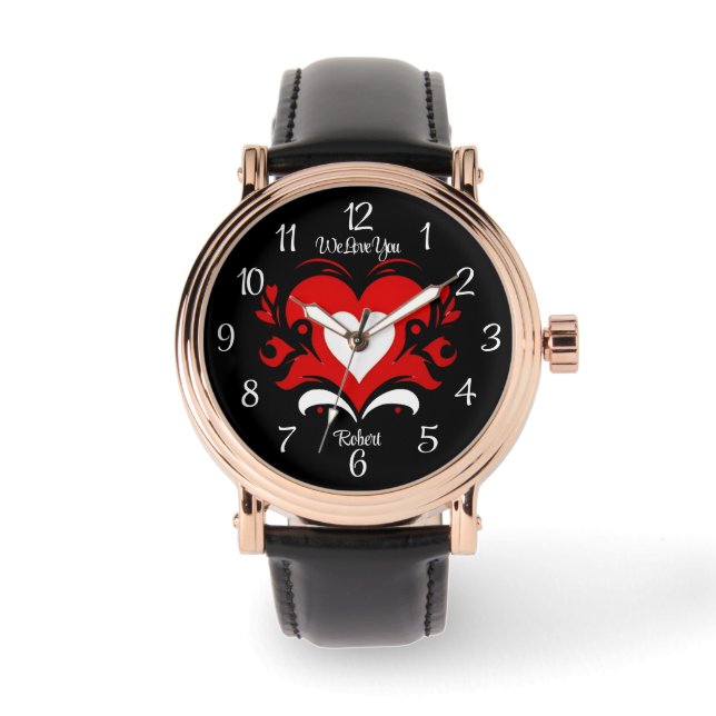 Montre Elégant coeur rouge blanc gras contre noir & texte (Recto)