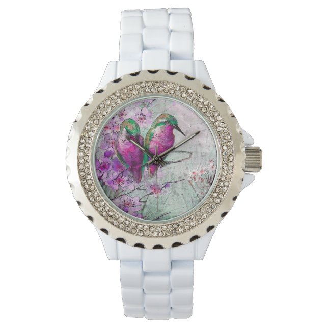 Montre Elégant colibri aquarelle aux fleurs roses (devant)