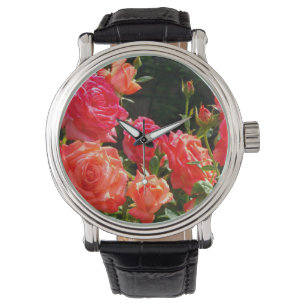 Montre Elégant corail rouge orange rose jardin rose