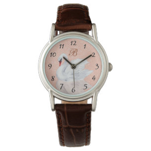 Montre Élégant cygne Monogramme Rose Parties scintillan