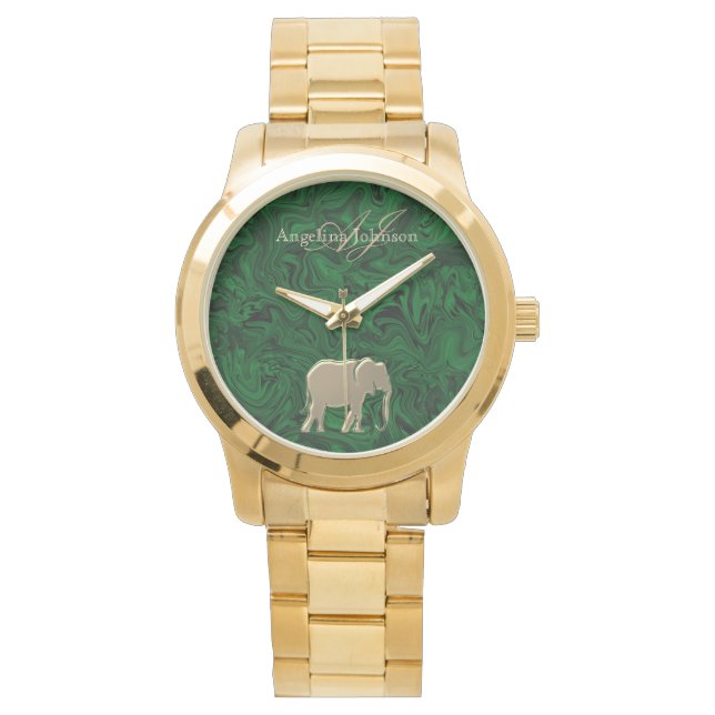 Montre Élégant Éléphant en Or Émeraude Monogramme Vert (devant)