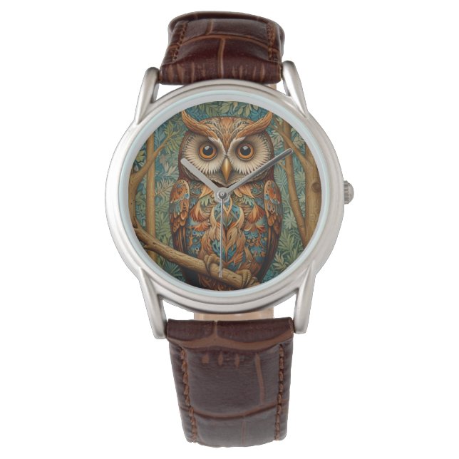 Montre Élégant hibou rétro boho bohème bohème forêt verte (devant)
