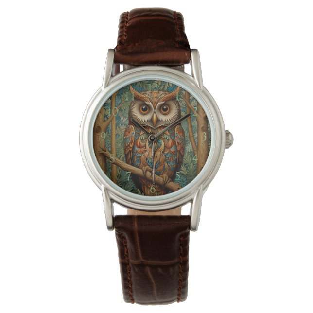 Montre Élégant hibou rétro boho bohème bohème forêt verte (devant)