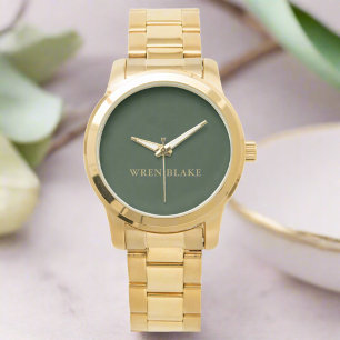 Montre Elégant luxe foncé vert & or Nom Anniversaire