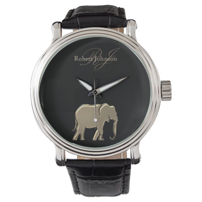 Montre Élégant Luxueux Éléphant Noir et Or Monogramme (devant)