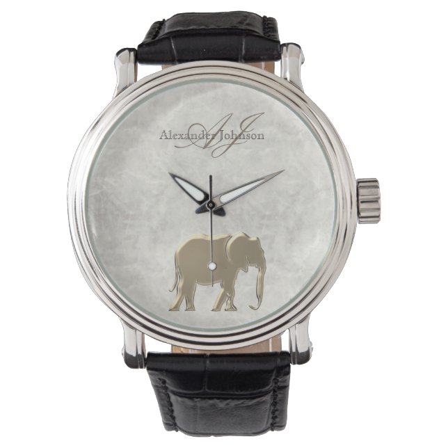Montre Élégant Marbre Blanc et Éléphant Doré Monogrammé (devant)