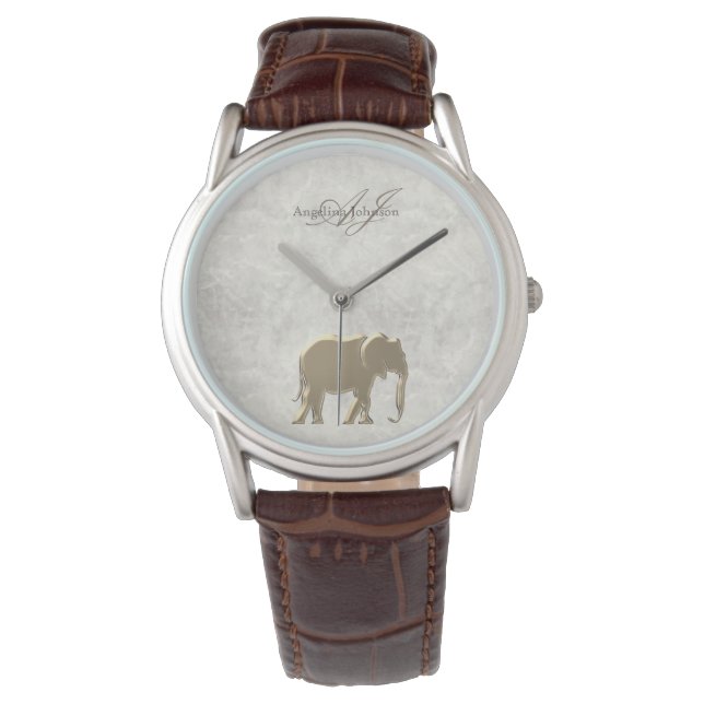 Montre Élégant Marbre Doré Éléphant Monogrammé Vintage (devant)