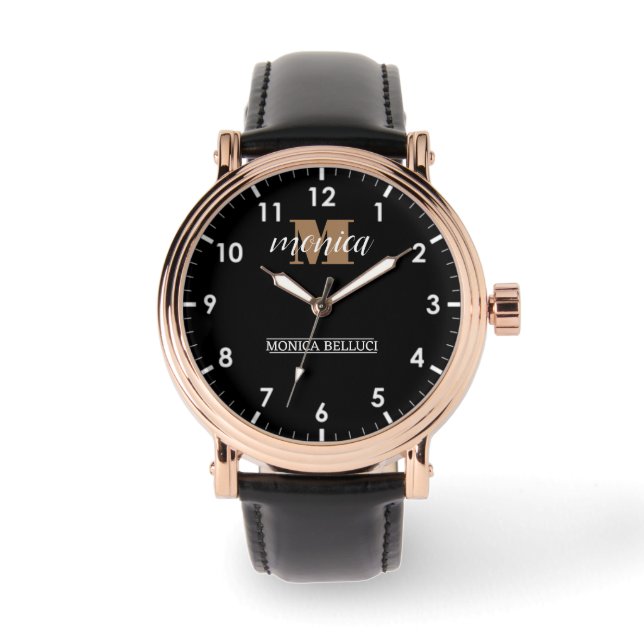 Montre Elegant Monogram Black Gold Script minimal (Recto)