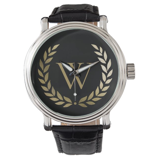 Montre Élégant monogramme de couronne de laurier d'or noi (devant)
