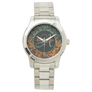 Montre Élégant Monogramme floral orange et vert noir