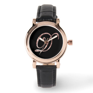 Montre Élégant Monogramme initial D Rose noir Or