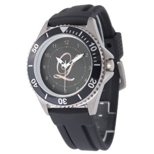 Montre Élégant Monogramme initial L noir Rose or