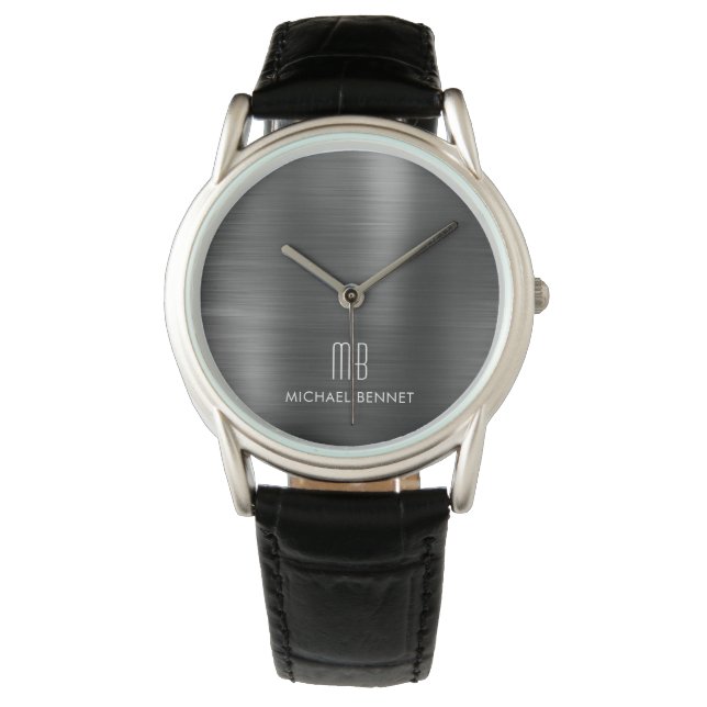 Montre Élégant Monogrammé Métal Noir Brossé (devant)