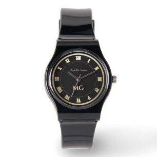 Montre Élégant Monogramme moderne Noir Or chiffres romain
