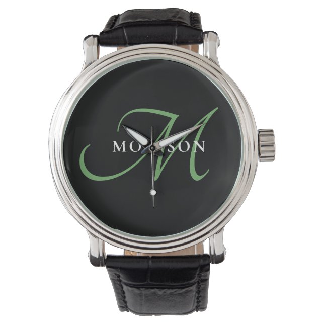 Montre Élégant Monogramme moderne noir vert Script (devant)