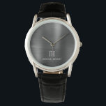 Montre Élégant Monogramme Noir brossé Métallique<br><div class="desc">Monographie Monographique Monographiée Noir Brossé Personnalisée.</div>