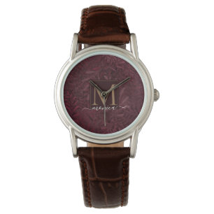 Montre Élégant Monogramme rouge Bourgogne or Motif floral
