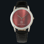Montre Élégant Monogramme Rouge brossé Métallique<br><div class="desc">Monographie Monographique Rouge Brossé Personnalisée Élégante.</div>