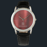 Montre Élégant Monogramme Rouge brossé Métallique<br><div class="desc">Monographie Monographique Rouge Brossé Personnalisée Élégante.</div>