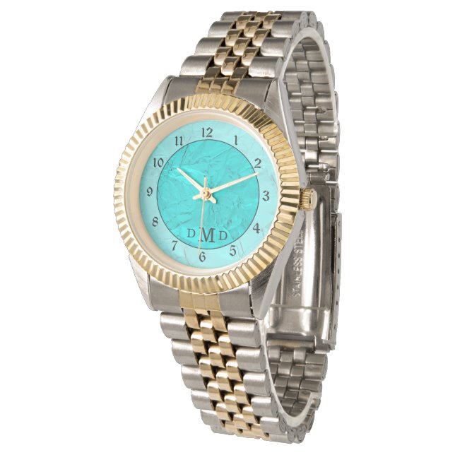 Montre Élégant Monogramme Turquoise Faux Foil (Incliné)