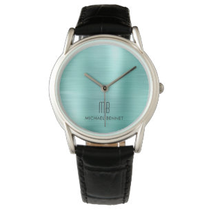 Montre Élégant Monogramme Turquoise Vert Brossé Métalliqu