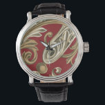 Montre Elégant Motif Botanique avec Foliage Tan<br><div class="desc">Un original d'Ethan Harper avec feuillage bronzé sur un arrière - plan rouge. Cet élégant motif botanique serait un grand cadeau pour tous ceux qui aiment les couleurs audacieuses !</div>