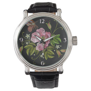 Montre Élégant Motif de broderie florale sur noir noir