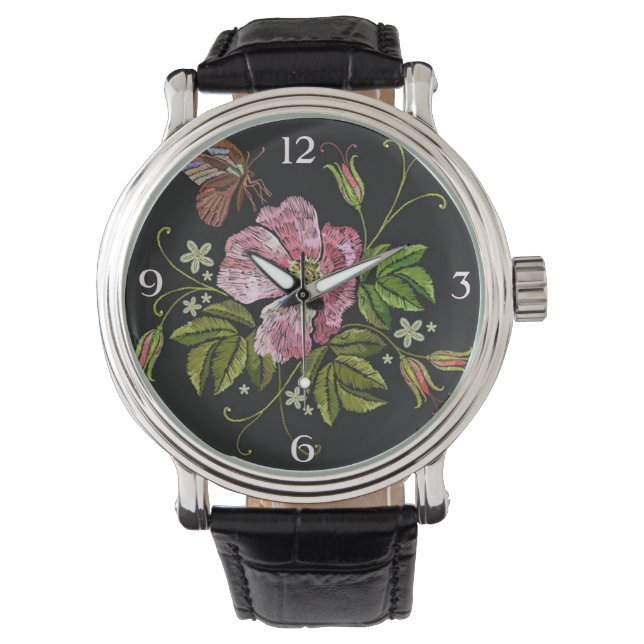Montre Élégant Motif de broderie florale sur noir noir (devant)