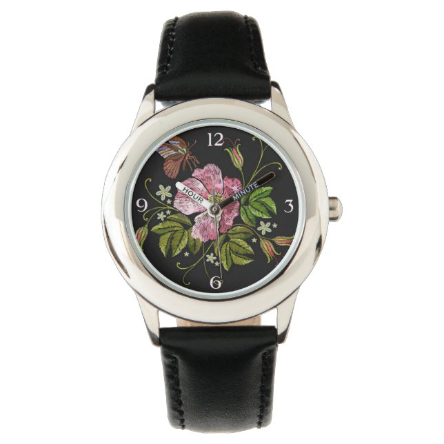 Montre Élégant Motif de broderie florale sur noir noir (devant)
