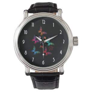 Montre Élégant Motif de papillons colorés sur noir