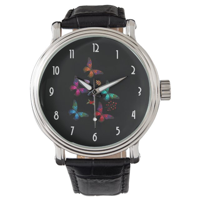 Montre Élégant Motif de papillons colorés sur noir (devant)