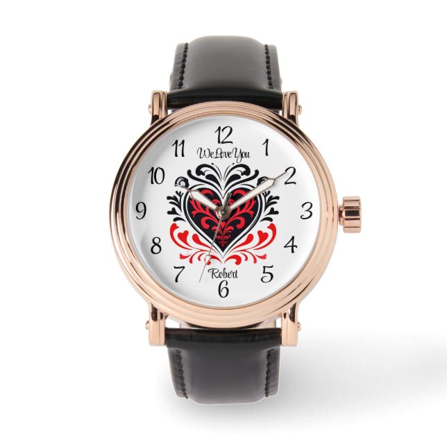 Montre Elégant motif et nom du coeur rouge et noir (Recto)