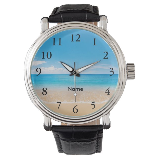 Montre Elégant noir chiffres Aqua Beach Scène Personnalis (devant)
