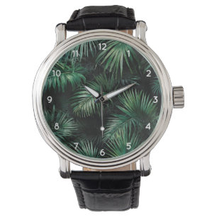 Montre Élégant noir vert foncé Tropical Palm Feuille
