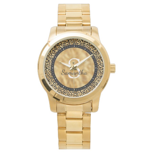 Montre Élégant Nom Monogramme Léopard Feuille d'Or Noir (devant)
