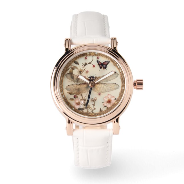 Montre Élégant Papillons libellules Fleurs roses (Recto)