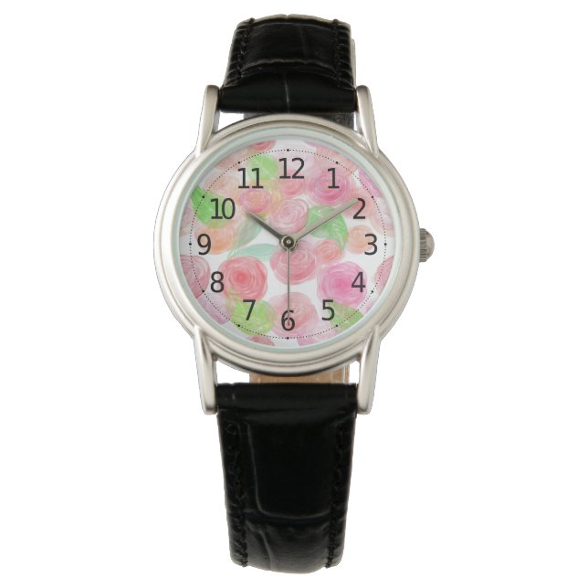 Montre Elegant Pink Roses Watercolor Floral Pattern | (devant)