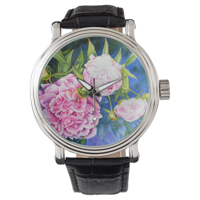 Montre Elégant rose blanc classique aquarelle floral (devant)