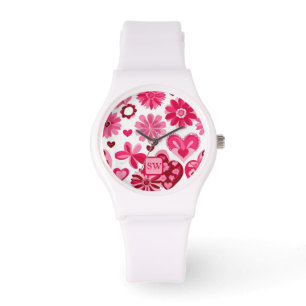 Montre Élégant rose girly, coeurs floraux, monogramme mot
