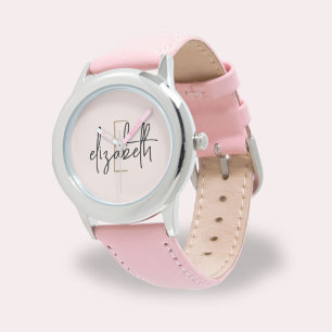 Montre Élégant rose moderne Script Girls Monogramme Nom