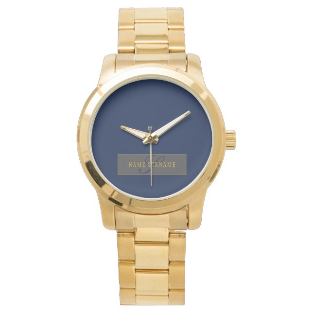 Montre Élégant Script Monogram Dark Navy Blue Grey & Gold (devant)