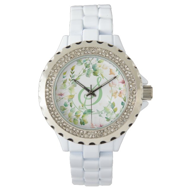Montre Elégant vert fleurs sauvages d'aquarelle (devant)